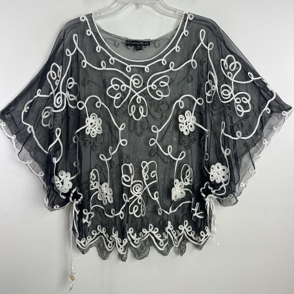 Pretty Angel Black Sheer Embroidered‎ Lace Top Silk Blend OS Whimsigoth Artsy